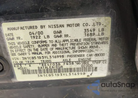 2000 Nissan Sentra Gxe/Xe z USA, uszkodzony, nr VIN 3N1CB51D3YL316998